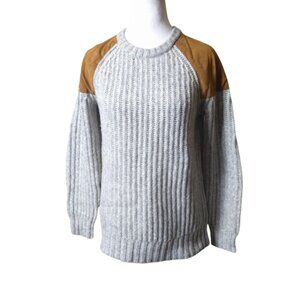 Madewell Women's Small Wool Blend Pullover Sweater Leather Patches Gray/Brown